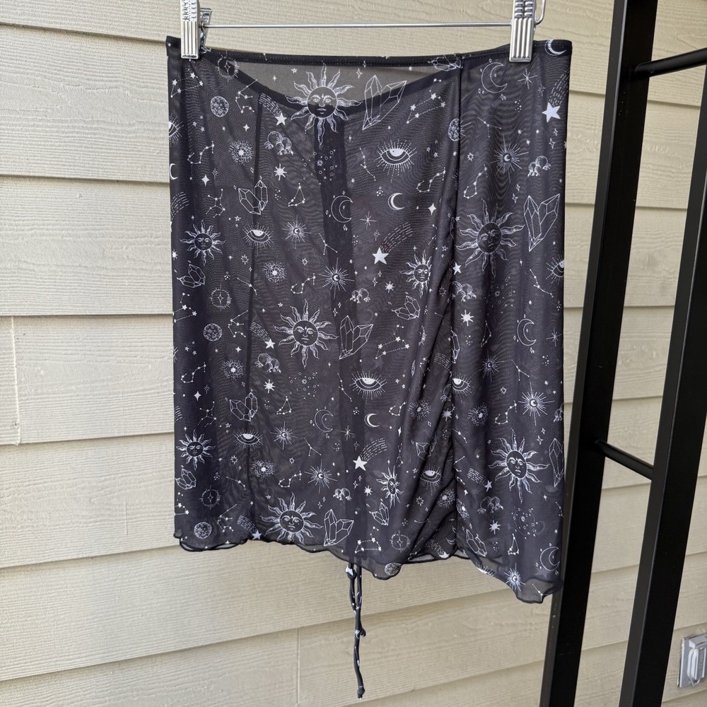 Celestial Mesh Mini Skirt Black, White Suns Moons Stars Beach Coverup Large READ